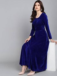 Royal Blue Chest Gathered Plain Velvet Dress-thumb2