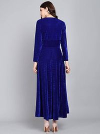 Royal Blue Chest Gathered Plain Velvet Dress-thumb3