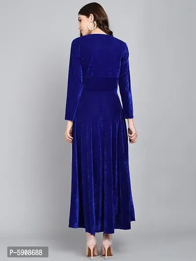 Royal Blue Chest Gathered Plain Velvet Dress-thumb4