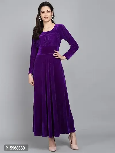 Purple Chest Gathered Plain Velvet Dress