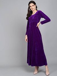 Purple Chest Gathered Plain Velvet Dress-thumb1