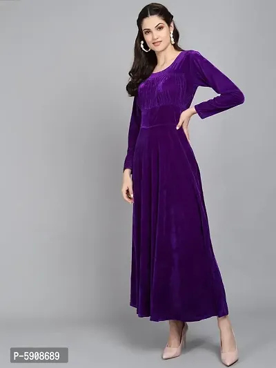 Purple Chest Gathered Plain Velvet Dress-thumb2