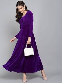 Purple Chest Gathered Plain Velvet Dress-thumb2