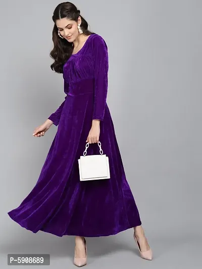 Purple Chest Gathered Plain Velvet Dress-thumb3