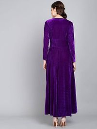 Purple Chest Gathered Plain Velvet Dress-thumb3