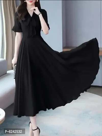Stylish Georgette Black Solid Half Sleeves Neck Knot Georgette Long Dress For Women