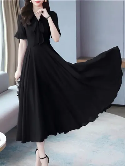 Stylish Georgette Solid Half Sleeves Neck Knot Georgette Long Dress For Women