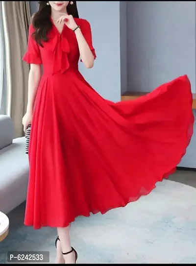 Stylish Georgette Red Solid Half Sleeves Neck Knot Georgette Long Dress  For Women