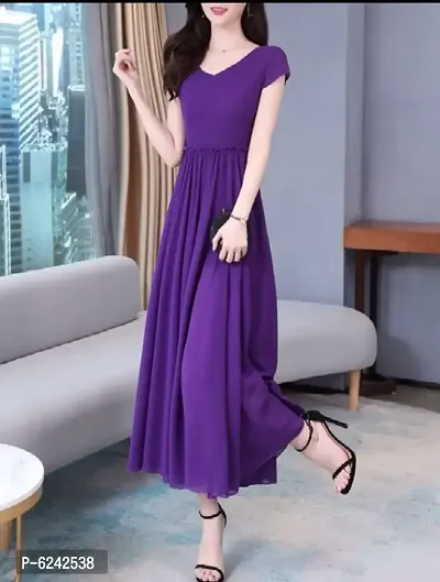 Stylish Georgette Purple Solid Short Sleeves V-Neck Georgette Long Dress  For Women