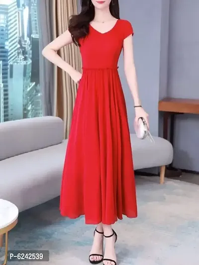 Stylish Georgette Red Solid Short Sleeves V-Neck Georgette Long Dress  For Women