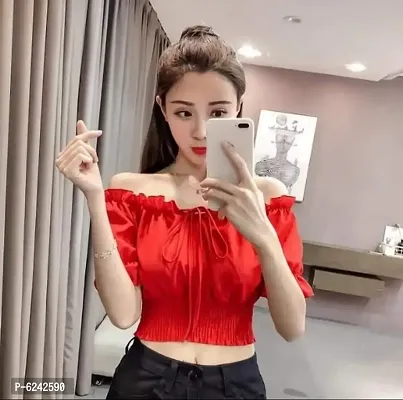 Stylish Crepe Solid Red DORI Off Shoulder Top For Women-thumb0