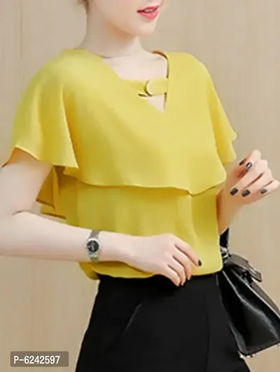 Stylish Crepe Solid Yellow Double Body Crepe Top For Women
