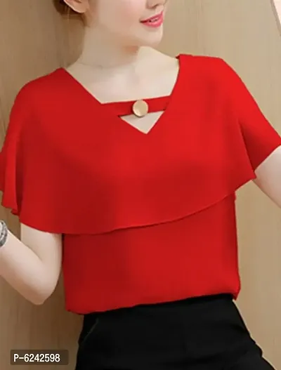 Stylish Crepe Solid Red Double Body Crepe Top For Women