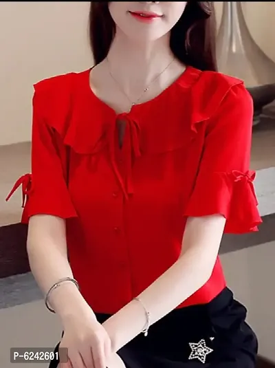 Stylish Crepe Solid Red Full Button Crepe Top For Women