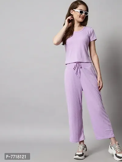 Stylish Fancy Cotton Blend Plain Purple Hosiery Top And Pajama Set For Women-thumb3
