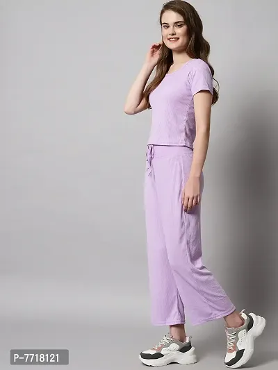 Stylish Fancy Cotton Blend Plain Purple Hosiery Top And Pajama Set For Women-thumb2