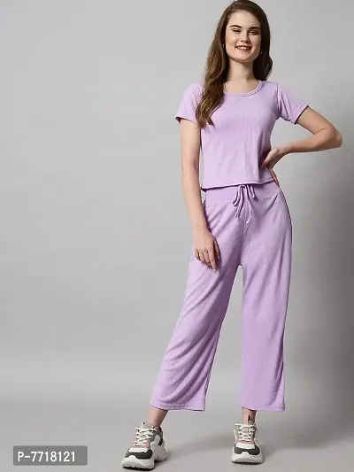 Stylish Fancy Cotton Blend Plain Purple Hosiery Top And Pajama Set For Women-thumb0