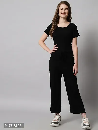 Stylish Fancy Cotton Blend Plain Black Hosiery Top And Pajama Set For Women
