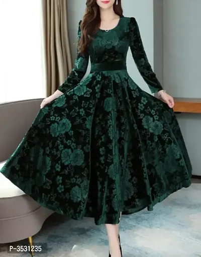 Green Velvet Printed Dresses For Women-thumb0