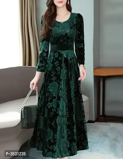 Green Velvet Printed Dresses For Women-thumb3
