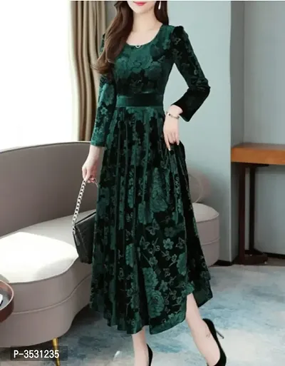 Green Velvet Printed Dresses For Women-thumb5