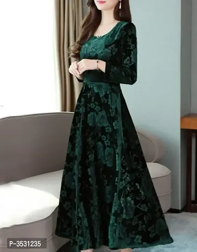 Green Velvet Printed Dresses For Women-thumb4