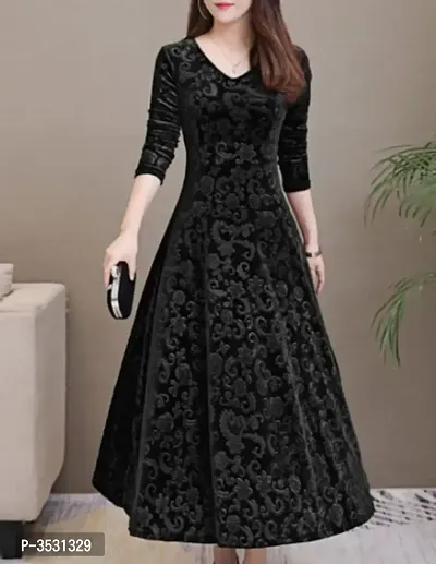 Stylish Velvet Black Printed Dress For Women-thumb0