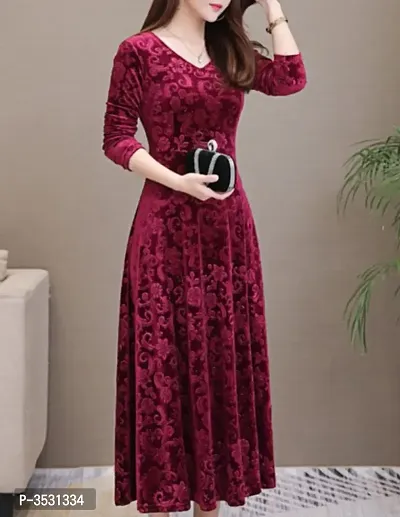 Stylish Velvet Maroon Self Pattern Dress For Women-thumb3