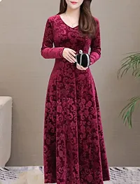 Stylish Velvet Maroon Self Pattern Dress For Women-thumb1