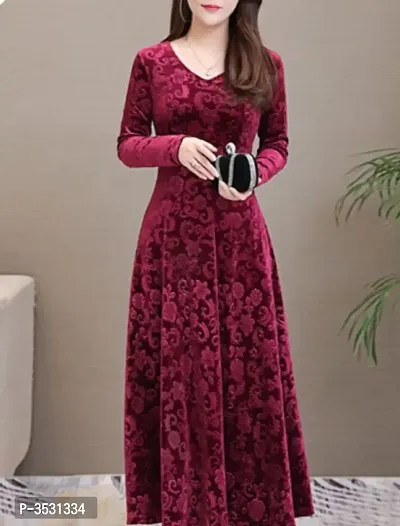 Stylish Velvet Maroon Self Pattern Dress For Women-thumb2