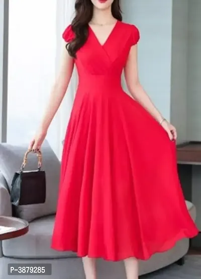 Red Georgette Solid Dresses For Women-thumb0