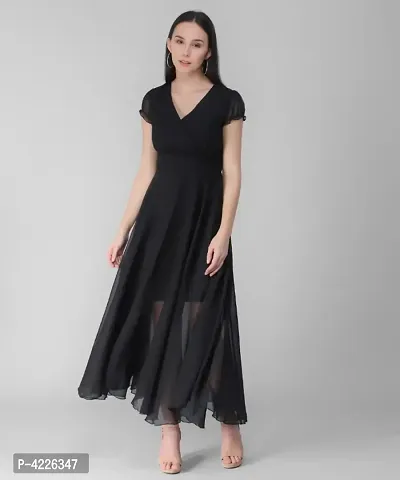 Women's Black V-Neck Long Dress-thumb0