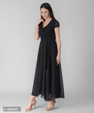 Women's Black V-Neck Long Dress-thumb2