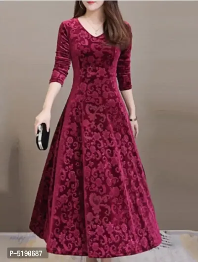Stylish Maroon Printed Velvet Long Dress-thumb0