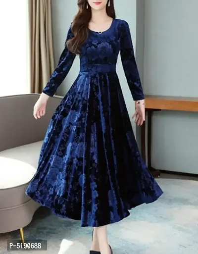 Stylish Navy Blue Self Pattern Velvet Long Dress-thumb0
