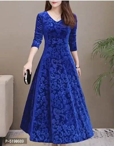 Stylish Royal Blue Self Pattern Velvet Long Dress