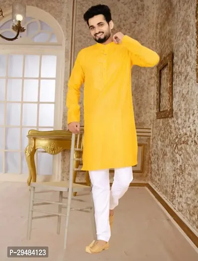 Reliable Yellow Cotton Solid Kurta  Bottom Sets For Men