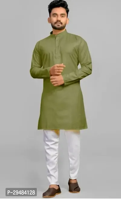 Reliable Green Cotton Solid Kurta  Bottom Sets For Men