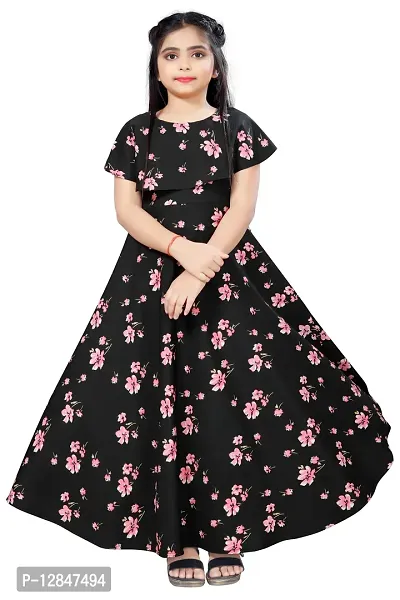 Elegant Crepe Fit and Flare Printed Ankle Length Dresses For Kids-thumb0