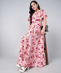 Pink Crepe Fit and Flare Long Dress-thumb1