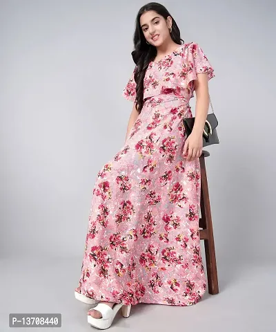 Pink Crepe Fit and Flare Long Dress-thumb2