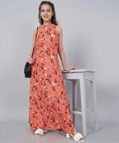 Elegant Crepe Fit and Flare Printed Ankle Length Dresses For Kids
