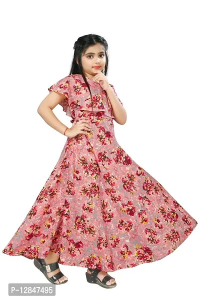 Elegant Crepe Fit and Flare Printed Ankle Length Dresses For Kids-thumb2