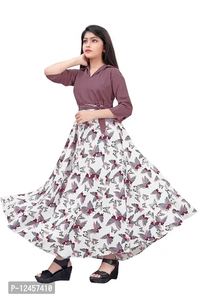 Aarya Girl's Coller Neck Soild And Printed Combination Maxi Gown
