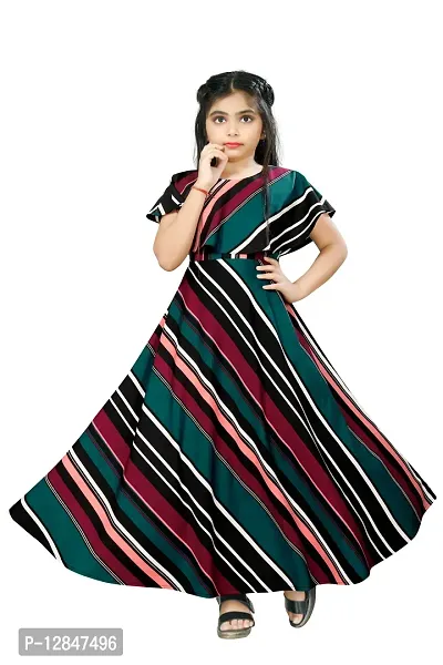 Elegant Crepe Fit and Flare Striped Ankle Length Dresses For Kids-thumb0