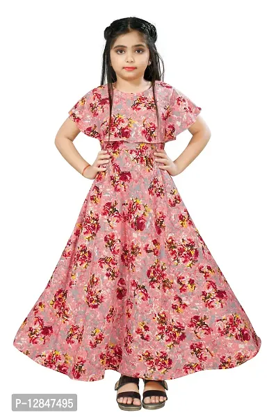 Elegant Crepe Fit and Flare Printed Ankle Length Dresses For Kids-thumb0