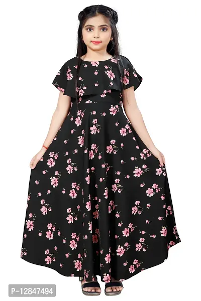 Elegant Crepe Fit and Flare Printed Ankle Length Dresses For Kids-thumb2