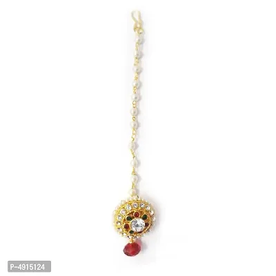 Pearls White Stone Studded Multi-Color Matha Teeka Borla with Hanging Bead for Girls and Women-thumb2