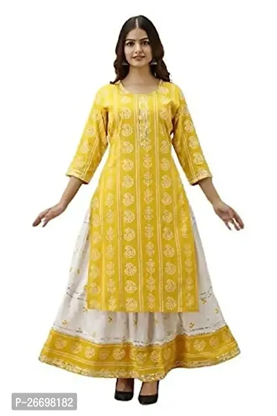 Women's Printed Rayon Skirt Kurta Set (Color_Yellow, Size_XL)-thumb0