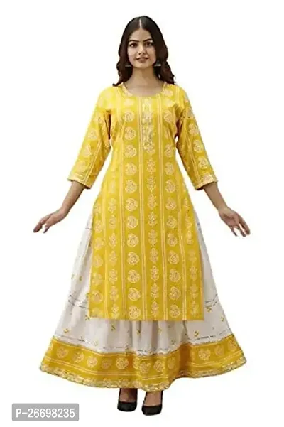 Women's Printed Rayon Skirt Kurta Set (Color_Yellow, Size_Large)